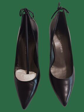 Stuart Weitzman Peekamid Black Leather Pointed Toe Heels Bow Detail 36.5/6